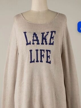 Miracle Beige Knit sweater with Navy Lettering